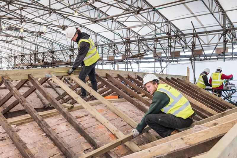 Roof repairs during the FCBStudios refurbishment of Shrewsbury Flaxmill Maltings