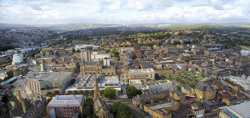 Aerial view of Kirklees Cultural heart proposals by FCBtudios 