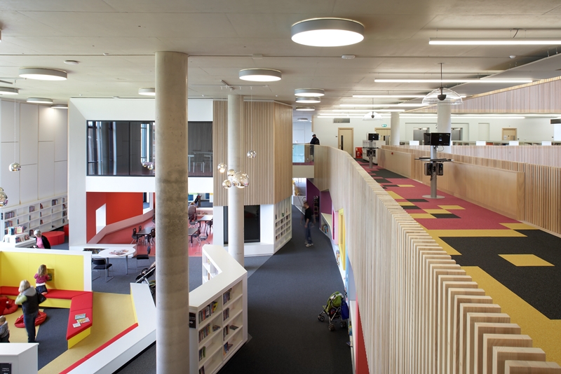 Looking down on the children's library from the second-floor mezzanine.