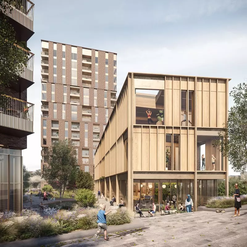 Illustrative view of Building W1 ( FCBStudios - far left) and W3 ( Haptic - front right) from the Southern Gateway