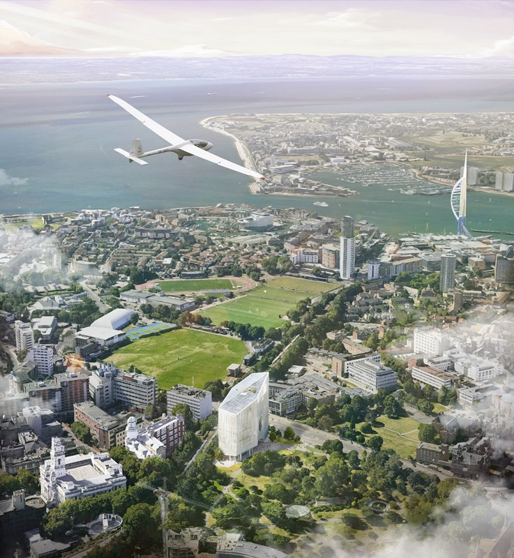 CGI Aerial view of Portsmouth new academic building in situ