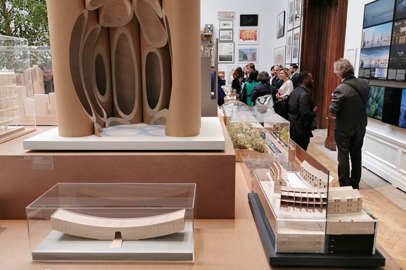 The Royal Academy Summer Exhibition 2019 Architecture Room. FCBStudios Croft Gardens model is shown on the right-hand side