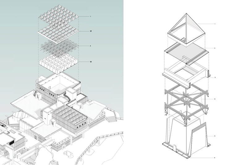 Two axonometric views of the rooflights for the Hayward Gallery
