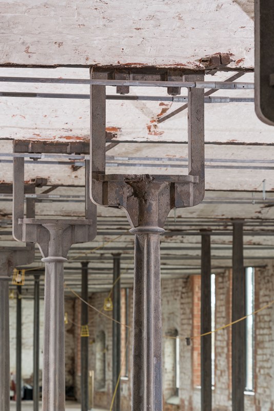Original finish of the Main Mill’s cast iron column head(s), exposed in 2019 in preparation for fresh layers of fire-protective intumescent paint to be applied.